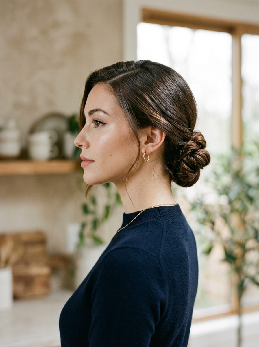 Twisted Low Bun mit Seitenscheitel - Festliche Frisur für mittellange Haare